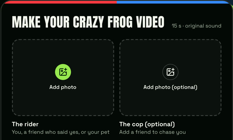AI Crazy Frog generator with two photo slots: The rider and The cop (optional)