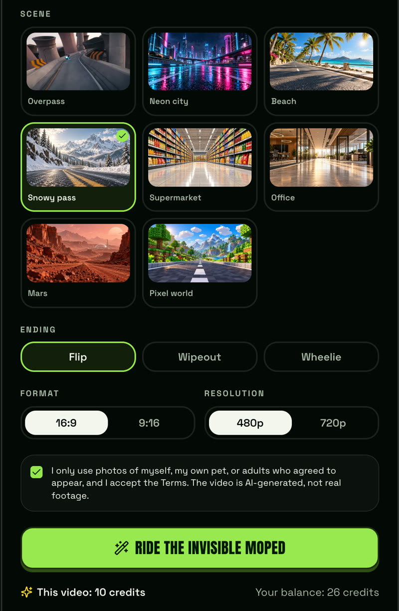 Scene picker with 8 scenes, ending buttons Flip, Wipeout and Wheelie, format 16:9 or 9:16 and resolution 480p or 720p